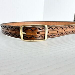 Heritage Tooled Leather Belt Brass Buckle 38” USA Scalloped Western Boho Unisex